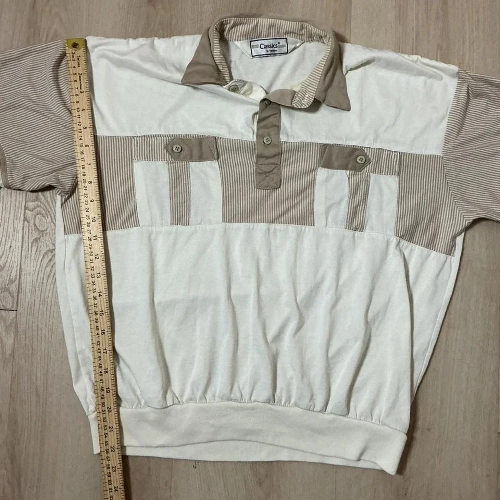 Classics by Palmland Vintage Tan‎ Cream Striped Banded Hem Preppy Polo Shirt XL